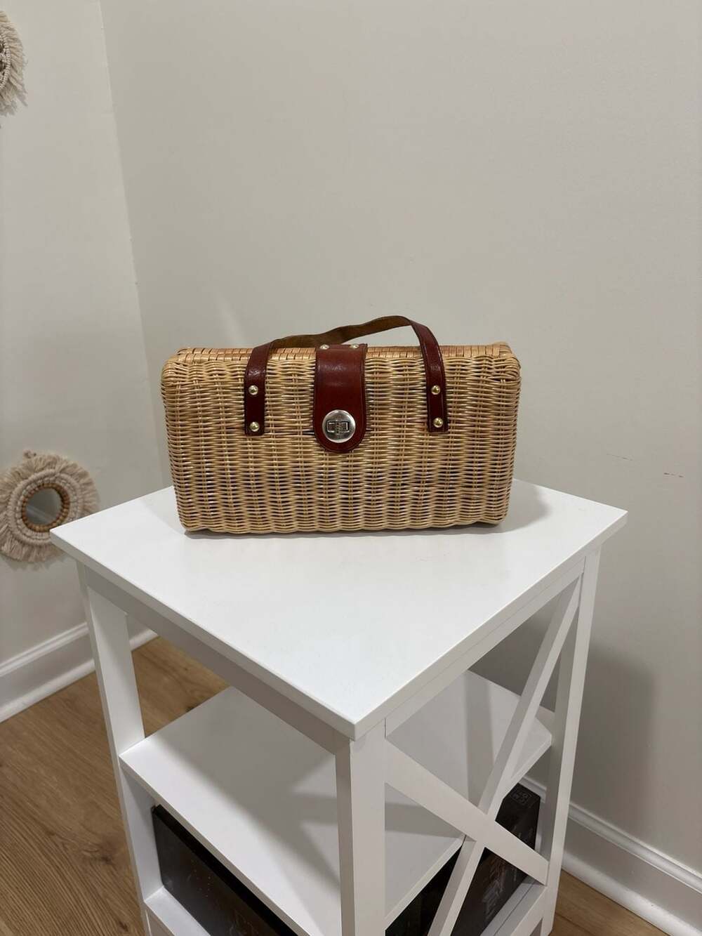 Vintage 1950s Woven Wicker Basket Purse with Leather Trim and Turn Lock Clasp